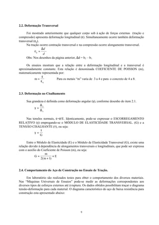 9
2.2. Deformação Transversal
Foi mostrado anteriormente que qualquer corpo sob à ação de forças externas (tração e
compressão) apresenta deformação longitudinal (ε). Simultaneamente ocorre também deformação
transversal (εq).
Na tração ocorre contração transversal e na compressão ocorre alongamento transversal.
d
d
q
∆
=ε
Obs: Nos desenhos da página anterior, ∆d = b2 – b1.
Os ensaios mostram que a relação entre a deformação longitudinal e a transversal é
aproximadamente constante. Esta relação é denominada COEFICIENTE DE POISSON (m),
matematicamente representada por:
m
q
=
ε
ε
Para os metais “m” varia de 3 a 4 e para o concreto de 4 a 8.
2.3. Deformação no Cisalhamento
Sua grandeza é definida como deformação angular (γ), conforme desenho do item 2.1.
γ =
∆
∆
y
x
Nas tensões normais, ε=σ/E. Identicamente, pode-se expressar o ESCORREGAMENTO
RELATIVO (γ) empregando-se o MÓDULO DE ELASTICIDADE TRANSVERSAL. (G) e a
TENSÃO CISALHANTE (τ), ou seja:
γ
τ
=
G
Entre o Módulo de Elasticidade (E) e o Módulo de Elasticidade Transversal (G), existe uma
relação devido à dependência de alongamentos transversais e longitudinais, que pode ser expressa
com o auxílio do Coeficiente de Poisson (m), ou seja:
G
m
m
E=
+
×
2 1( )
2.4. Comportamento do Aço de Construção no Ensaio de Tração.
Em laboratório são realizados testes para obter o comportamento dos diversos materiais.
Nas “Máquinas Universais de Ensaios” pode-se medir as deformações correspondentes aos
diversos tipos de esforços externos até à ruptura. Os dados obtidos possibilitam traçar o diagrama
tensão-deformação para cada material. O diagrama característico do aço de baixa resistência para
construção esta apresentado abaixo:
 