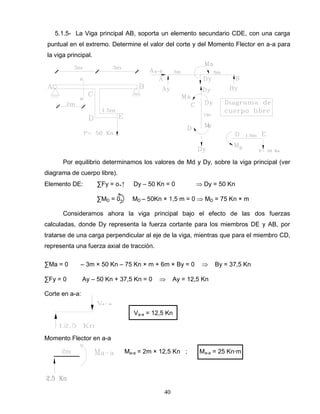 40
5.1.5- La Viga principal AB, soporta un elemento secundario CDE, con una carga
puntual en el extremo. Determine el valor del corte y del Momento Flector en a-a para
la viga principal.
Por equilibrio determinamos los valores de Md y Dy, sobre la viga principal (ver
diagrama de cuerpo libre).
Elemento DE: ∑Fy = o+↑ Dy – 50 Kn = 0 Dy = 50 Kn
∑MD = 0+ MD – 50Kn × 1,5 m = 0 MD = 75 Kn × m
Consideramos ahora la viga principal bajo el efecto de las dos fuerzas
calculadas, donde Dy representa la fuerza cortante para los miembros DE y AB, por
tratarse de una carga perpendicular al eje de la viga, mientras que para el miembro CD,
representa una fuerza axial de tracción.
∑Ma = 0 – 3m × 50 Kn – 75 Kn × m + 6m × By = 0 By = 37,5 Kn
∑Fy = 0 Ay – 50 Kn + 37,5 Kn = 0 Ay = 12,5 Kn
Corte en a-a:
Va-a = 12,5 Kn
Momento Flector en a-a
Ma-a = 2m × 12,5 Kn ; Ma-a = 25 Kn∙m
 
