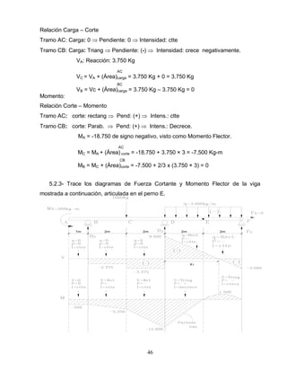 46
1m 2m 2m 2m 2m
X1
Relación Carga – Corte
Tramo AC: Carga: 0 Pendiente: 0 Intensidad: ctte
Tramo CB: Carga: Triang Pendiente: (-) Intensidad: crece negativamente.
VA: Reacción: 3.750 Kg
AC
VC = VA + (Área)carga = 3.750 Kg + 0 = 3.750 Kg
BC
VB = Vc + (Área)carga = 3.750 Kg – 3.750 Kg = 0
Momento:
Relación Corte – Momento
Tramo AC: corte: rectang Pend: (+) Intens.: ctte
Tramo CB: corte: Parab. Pend: (+) Intens.: Decrece.
MA = -18.750 de signo negativo, visto como Momento Flector.
AC
MC = MA + (Área) corte = -18.750 + 3.750 × 3 = -7.500 Kg-m
CB
MB = MC + (Área)corte = -7.500 + 2/3 x (3.750 × 3) = 0
5.2.3- Trace los diagramas de Fuerza Cortante y Momento Flector de la viga
mostrada a continuación, articulada en el perno E.
 