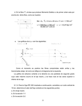 53
max = 93,33
C
f = 43,56f
Paràbola 2do. grado
f f = 15,25
= 19,50
max =
f
d. En la fibra “f”, el área que produce Momento Estático o de primer orden esta por
encima de dicha fibra, como se muestra:
_
Me = A2 ∙ Y2 = 8 cm x 20 cm x 11 cm = 1.760 cm3
f = 7.800 Kg x 1.760 cm3
f = 15,25 Kg/ cm2
45.000 cm4
x 20 cm
e. Los gráficos de σ y son los siguientes:
Como el momento es positivo las fibras comprimidas están arriba y las
traccionadas abajo, tal como se refleja en el diagrama de la izquierda.
La gráfica de esfuerzo cortante a la derecha es una parábola de segundo grado
cuyo valor máximo ocurre en el eje neutro, y se hace nula en las caras superior e
inferior de la viga.
6.1.3- Para la Viga IPE 300 mostrada a continuación, sometida a un corte vertical de
15 ton, determine el valor del flujo cortante en los siguientes puntos:
a. En el eje neutro
b. En la sección 1-1
c. En la sección 2-2
 