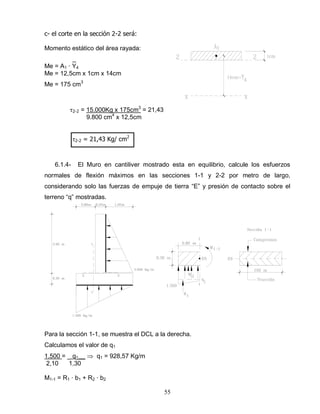 55
c- el corte en la sección 2-2 será:
Momento estático del área rayada:
_
Me = A1 ∙ Y4
Me = 12,5cm x 1cm x 14cm
Me = 175 cm3
2-2 = 15.000Kg x 175cm3
= 21,43
9.800 cm4
x 12,5cm
2-2 = 21,43 Kg/ cm2
6.1.4- El Muro en cantiliver mostrado esta en equilibrio, calcule los esfuerzos
normales de flexión máximos en las secciones 1-1 y 2-2 por metro de largo,
considerando solo las fuerzas de empuje de tierra “E” y presión de contacto sobre el
terreno “q” mostradas.
Para la sección 1-1, se muestra el DCL a la derecha.
Calculamos el valor de q1
1.500 = _ q1__ q1 = 928,57 Kg/m
2,10 1,30
M1-1 = R1 ∙ b1 + R2 ∙ b2
 