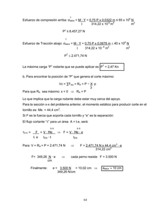 64
C
Esfuerzo de compresión arriba: σMAX = M ∙ Y = 0,75 P x 0,0322 m ≤ 65 x 106
N
314,22 x 10-8
m4
m2
Pc
≤ 8.457,27 N
T
Esfuerzo de Tracción abajo: σMAX = M ∙ Y = 0,75 P x 0,0678 m 40 x 106
N
314,22 x 10 -8
m4
m2
PT
2.471,74 N
La máxima carga “P” rodante que se puede aplicar es: PT
= 2,47 Kn
b. Para encontrar la posición de “P” que genera el corte máximo:
Vc = ∑FIzq = RA = P − X∙ p
3
Para que RA sea máximo: x = 0 RA = P
Lo que implica que la carga rodante debe estar muy cerca del apoyo.
Para la sección x-x del problema anterior, el momento estático para producir corte en el
tornillo es: Me = 44,4 cm3
.
Si F es la fuerza que soporta cada tornillo y “e” es la separación:
El flujo cortante “ ” para un área A = t.e, será:
X-X X-X
X-X = _ F_ = V ∙ Me F = V ∙ Me ∙ e
ƚ. e EN ∙ ƚ EN
Para: V = RA = P = 2.471,74 N F = 2.471,74 N x 44,4 cm3
∙ e
314,22 cm4
F= 349,26 N ∙ e cada perno resiste F = 3.500 N
cm
Finalmente: e = 3.500 N = 10,02 cm eMAX 10 cm
349,26 N/cm
 