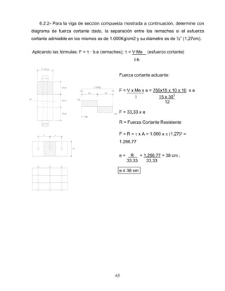 65
.be
6.2.2- Para la viga de sección compuesta mostrada a continuación, determine con
diagrama de fuerza cortante dado, la separación entre los remaches si el esfuerzo
cortante admisible en los mismos es de 1.000Kg/cm2 y su diámetro es de ½” (1,27cm).
Aplicando las fórmulas: F = ∙ b.e (remaches); = V∙Me (esfuerzo cortante)
∙b
Fuerza cortante actuante:
F = V x Me x e = 750x15 x 10 x 10 x e
15 x 303
12
F = 33,33 x e
R = Fuerza Cortante Resistente
F = R = x A = 1.000 x (1,27)2 =
1.266,77
e = R = 1.266,77 = 38 cm ;
33,33 33,33
e ≤ 38 cm
 