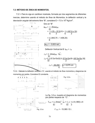 78
7.2- MÉTODO DE ÁREA DE MOMENTOS.
7.2.1- Para la viga en cantiliver mostrada, formada por dos segmentos de diferentes
inercias, determine usando el método de Área de Momentos, la deflexión vertical y la
desviación angular del extremo libre “B”, considere E = 7,5 x 105
Kg/cm2
.
Giro en “B”
өB/A = 1 (Área)AB
E
= 1 (-75 – 37,5)15 + 1 (-187,5 x 15)
E 2 E 2
= 1 (-843,75 – 1.406,25)
E
өB/A = - 0,003 rad
Deflexión Vertical de B: ƚB/A = JB
_
JB = 1 (Area)AB ∙ XB ;
EI
JB =1. [-37,5x15x32,5–37,5x15x35–187,5x15x 20]
EI 2 2
JB = - 56.250 ; JB = 0,075 cm
E
7.2.2- Calcular la deflexión vertical a “A”, usando el método de Área momentos y diagramas de
momentos por partes. Considere E constante.
Fig. 3.3.b.
La fig. 3.3.a. muestra el diagrama de momentos
por partes respecto de “C”.
_
ƚ A/C = 1 (Area)1
∙ yA = 1 x 1 x 8 (-960) x 6
E AC
E 3
Fig. 3.3.a ƚ A/C = - 15.360 / E.I.
 