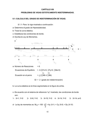 82
CAPÍTULO VIII
PROBLEMAS DE VIGAS ESTÁTICAMENTE INDETERMINADAS.
8.1- CALCULO DEL GRADO DE INDETERMINACIÓN DE VIGAS.
8.1.1- Para la viga mostrada a continuación:
a- Determine el grado de Hiperestaticidad.
b- Trace la curva elástica.
c- Establezca las condiciones de borde.
d- Escriba la Ley de Momentos.
a- Número de Reacciones = 6
Ecuaciones de Equilibrio = -3 (∑Fx=0, ∑Fy=0, ∑Ma=0)
Izq Der
Ecuación en el perno = -1 (∑Mb ò ∑Mb)
GI = 2 (grado de indeterminación)
b- La curva elástica es la línea segmentada en la figura de arriba.
c- De acuerdo con el sistema de referencia “xy” mostrado, las condiciones de borde
son:
1- X=1, Y=0 2- X=6; Y=0 3- X=10; Y=0 4- X=14; Y=0 5- X=14; ө=0
d- La ley de momentos es: M(X)= -100 ∙ X2
+ Ay X-1 + Cy X-6 + Dy X-10
2
 