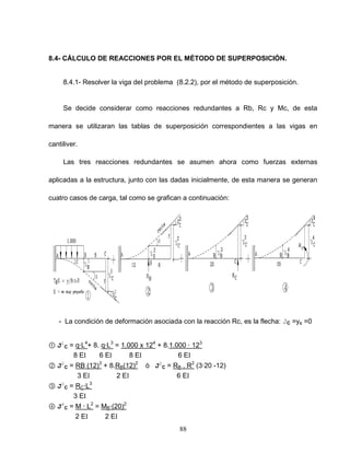 88
8.4- CÁLCULO DE REACCIONES POR EL MÉTODO DE SUPERPOSICIÓN.
8.4.1- Resolver la viga del problema (8.2.2), por el método de superposición.
Se decide considerar como reacciones redundantes a Rb, Rc y Mc, de esta
manera se utilizaran las tablas de superposición correspondientes a las vigas en
cantiliver.
Las tres reacciones redundantes se asumen ahora como fuerzas externas
aplicadas a la estructura, junto con las dadas inicialmente, de esta manera se generan
cuatro casos de carga, tal como se grafican a continuación:
- La condición de deformación asociada con la reacción Rc, es la flecha: JC =yc =0
① J1
C = q∙L4
+ 8. q∙L3
= 1.000 x 124
+ 8.1.000 ∙ 123
8 E 6 E 8 E 6 E
② J2
C = RB (12)3
+ 8.RB(12)2
ò J2
C = RB . R2
(3∙20 -12)
3 E 2 E 6 E
③ J3
C = RC∙L3
3 E
④ J4
C = M ∙ L2
= MB∙(20)2
2 E 2 E
 