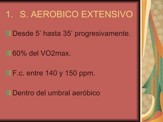 S. AEROBICO EXTENSIVO Desde 5’ hasta 35’ progresivamente. 60% del VO2max. F.c. entre 140 y 150 ppm. Dentro del umbral aeróbico 
