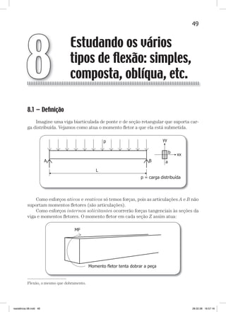 49Estudando os vários tipos de flexão: simples, composta, oblíqua, etc.Estudando os vários tipos de flexão: simples, composta, oblíqua, etc.
8.1 — Deﬁnição
Imagine uma viga biarticulada de ponte e de seção retangular que suporta car-
ga distribuída. Vejamos como atua o momento ﬂetor a que ela está submetida.
Como esforços ativos e reativos só temos forças, pois as articulações A e B não
suportam momentos ﬂetores (são articulações).
Como esforços internos solicitantes ocorrerão forças tangenciais às seções da
viga e momentos ﬂetores. O momento ﬂetor em cada seção Z assim atua:
Estudando os vários
tipos de ﬂexão: simples,
composta, oblíqua, etc.8
—
Flexão, o mesmo que dobramento.
resistência 08.indd 49 28.02.08 16:57:16
 
