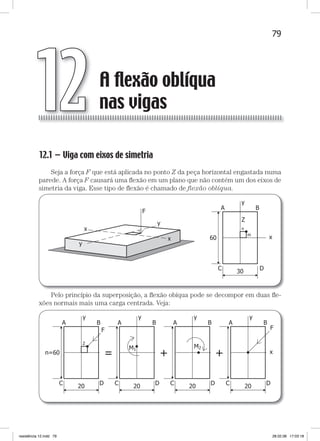 79A flexão oblíqua nas vigasA flexão oblíqua nas vigas
12.1 — Viga com eixos de simetria
Seja a força F que está aplicada no ponto Z da peça horizontal engastada numa
parede. A força F causará uma ﬂexão em um plano que não contém um dos eixos de
simetria da viga. Esse tipo de ﬂexão é chamado de ﬂexão oblíqua.
Pelo princípio da superposição, a ﬂexão obíqua pode se decompor em duas ﬂe-
xões normais mais uma carga centrada. Veja:
A ﬂexão oblíqua
nas vigas12
resistência 12.indd 79 28.02.08 17:03:18
 
