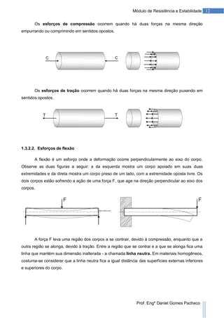 12Módulo de Resistência e Estabilidade
Prof. Engº Daniel Gomes Pacheco
Os esforços de compressão ocorrem quando há duas forças na mesma direção
empurrando ou comprimindo em sentidos opostos.
Os esforços de tração ocorrem quando há duas forças na mesma direção puxando em
sentidos opostos.
1.3.2.2. Esforços de flexão
A flexão é um esforço onde a deformação ocorre perpendicularmente ao eixo do corpo.
Observe as duas figuras a seguir: a da esquerda mostra um corpo apoiado em suas duas
extremidades e da direta mostra um corpo preso de um lado, com a extremidade oposta livre. Os
dois corpos estão sofrendo a ação de uma força F, que age na direção perpendicular ao eixo dos
corpos.
A força F leva uma região dos corpos a se contrair, devido à compressão, enquanto que a
outra região se alonga, devido à tração. Entre a região que se contrai e a que se alonga fica uma
linha que mantém sua dimensão inalterada - a chamada linha neutra. Em materiais homogêneos,
costuma-se considerar que a linha neutra fica a igual distância das superfícies externas inferiores
e superiores do corpo.
 