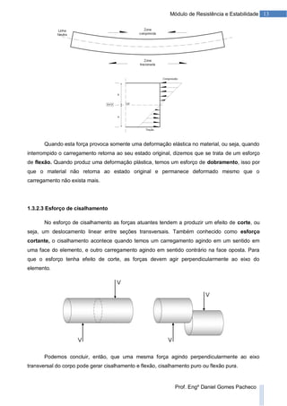 13Módulo de Resistência e Estabilidade
Prof. Engº Daniel Gomes Pacheco
Quando esta força provoca somente uma deformação elástica no material, ou seja, quando
interrompido o carregamento retorna ao seu estado original, dizemos que se trata de um esforço
de flexão. Quando produz uma deformação plástica, temos um esforço de dobramento, isso por
que o material não retorna ao estado original e permanece deformado mesmo que o
carregamento não exista mais.
1.3.2.3 Esforço de cisalhamento
No esforço de cisalhamento as forças atuantes tendem a produzir um efeito de corte, ou
seja, um deslocamento linear entre seções transversais. Também conhecido como esforço
cortante, o cisalhamento acontece quando temos um carregamento agindo em um sentido em
uma face do elemento, e outro carregamento agindo em sentido contrário na face oposta. Para
que o esforço tenha efeito de corte, as forças devem agir perpendicularmente ao eixo do
elemento.
Podemos concluir, então, que uma mesma força agindo perpendicularmente ao eixo
transversal do corpo pode gerar cisalhamento e flexão, cisalhamento puro ou flexão pura.
 