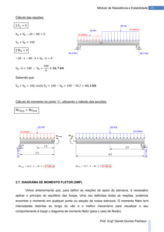 25Módulo de Resistência e Estabilidade
Prof. Engº Daniel Gomes Pacheco
Cálculo das reações:
Sabendo que:
Cálculo do momento no ponto “c”, utilizando o método das secções:
2.7. DIAGRAMA DE MOMENTO FLETOR (DMF)
Vimos anteriormente que, para definir as reações de apoio da estrutura, é necessário
aplicar o princípio do equilíbrio das forças. Uma vez definidas todas as reações, podemos
encontrar o momento em qualquer ponto ou secção da nossa estrutura. O momento fletor tem
intensidades distintas ao longo do vão e o melhor mecanismo para visualizar o seu
comportamento é traçar o diagrama de momento fletor (para o caso de flexão).
 