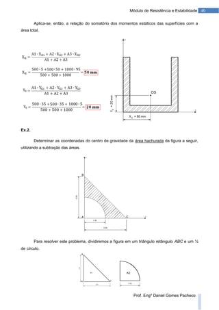 40Módulo de Resistência e Estabilidade
Prof. Engº Daniel Gomes Pacheco
Aplica-se, então, a relação do somatório dos momentos estáticos das superfícies com a
área total.
Ex.2.
Determinar as coordenadas do centro de gravidade da área hachurada da figura a seguir,
utilizando a subtração das áreas.
Para resolver este problema, dividiremos a figura em um triângulo retângulo ABC e um ¼
de círculo.
 