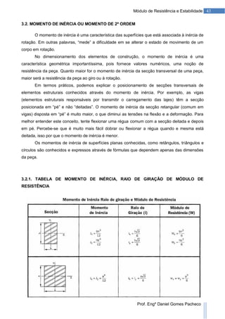 43Módulo de Resistência e Estabilidade
Prof. Engº Daniel Gomes Pacheco
3.2. MOMENTO DE INÉRCIA OU MOMENTO DE 2ª ORDEM
O momento de inércia é uma característica das superfícies que está associada à inércia de
rotação. Em outras palavras, “mede” a dificuldade em se alterar o estado de movimento de um
corpo em rotação.
No dimensionamento dos elementos de construção, o momento de inércia é uma
característica geométrica importantíssima, pois fornece valores numéricos, uma noção de
resistência da peça. Quanto maior for o momento de inércia da secção transversal de uma peça,
maior será a resistência da peça ao giro ou à rotação.
Em termos práticos, podemos explicar o posicionamento de secções transversais de
elementos estruturais conhecidos através do momento de inércia. Por exemplo, as vigas
(elementos estruturais responsáveis por transmitir o carregamento das lajes) têm a secção
posicionada em “pé” e não “deitadas”. O momento de inércia da secção retangular (comum em
vigas) disposta em “pé” é muito maior, o que diminui as tensões na flexão e a deformação. Para
melhor entender este conceito, tente flexionar uma régua comum com a secção deitada e depois
em pé. Percebe-se que é muito mais fácil dobrar ou flexionar a régua quando e mesma está
deitada, isso por que o momento de inércia é menor.
Os momentos de inércia de superfícies planas conhecidas, como retângulos, triângulos e
círculos são conhecidos e expressos através de fórmulas que dependem apenas das dimensões
da peça.
3.2.1. TABELA DE MOMENTO DE INÉRCIA, RAIO DE GIRAÇÃO DE MÓDULO DE
RESISTÊNCIA
 