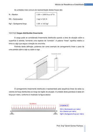 7Módulo de Resistência e Estabilidade
Prof. Engº Daniel Gomes Pacheco
As unidades mais comuns de representação destas forças são:
N – Newton
KN – Quilonewton
Kgf – Quilograma força
1.3.1.1.2. Cargas distribuídas linearmente
A carga pode se considerada linearmente distribuída quando a área de atuação sobre a
superfície é estreita, formando uma espécie de “corredor”. A palavra “linear” significa relativo a
linha ou algo que segue a direção de uma linha.
Partindo desta definição, podemos dar como exemplo de carregamento linear o peso de
uma parede sobre a laje ou sobre a viga:
O carregamento linearmente distribuído é representado pela sequência linear de setas ou
vetores de força distribuídos ao longo da região de atuação. A unidade desta grandeza é dada em
força por metro, conforme é mostrado na figura abaixo:
 