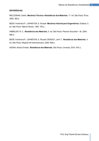 72Módulo de Resistência e Estabilidade
Prof. Engº Daniel Gomes Pacheco
REFERÊNCIAS
MELCONIAN, Sarkis. Mecânica Técnica e Resistência dos Materiais. 11. ed. São Paulo: Érica,
2000. 360 p.
BEER, Ferdinand P.; JOHNSTON, E. Russell. Mecânica Vetorial para Engenheiros: Estática. 5.
ed. São Paulo: Makron Books, 1994. 793 p.
HIBBELER, R. C.. Resistência dos Materiais. 5. ed. São Paulo: Pearson Education - Br, 2004.
688 p.
BEER, Ferdinand P.; JOHNSTON, E. Russell; DEWOLF, John T.. Resistência dos Materiais. 4.
ed. São Paulo: Mcgraw-hill Interamericana, 2006. 808 p.
ASSAN, Aloisio Ernesto. Resistência dos Materiais. São Paulo: Unicamp, 2010. 447 p.
 