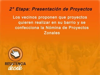 2° Etapa: Presentación de Proyectos
 Los vecinos proponen que proyectos
   quieren realizar en su barrio y se
  confecciona la Nómina de Proyectos
                Zonales
 