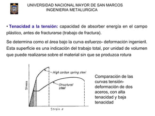 UNIVERSIDAD NACIONAL MAYOR DE SAN MARCOS
INGENIERIA METALURGICA
• Tenacidad a la tensión: capacidad de absorber energía en...