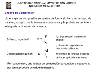 UNIVERSIDAD NACIONAL MAYOR DE SAN MARCOS
INGENIERIA METALURGICA
Ensayo de Compresión
Un ensayo de compresión se realiza de...