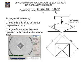 UNIVERSIDAD NACIONAL MAYOR DE SAN MARCOS
INGENIERIA METALURGICA
2P sen( /2) 1,854P
DurezaVickers= =
L2
L
2
P: carga aplic...