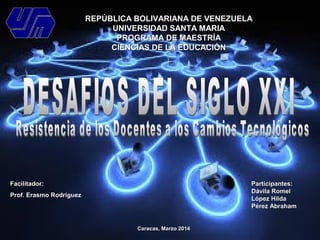 REPÚBLICA BOLIVARIANA DE VENEZUELAREPÚBLICA BOLIVARIANA DE VENEZUELA
UNIVERSIDAD SANTA MARIAUNIVERSIDAD SANTA MARIA
PROGRAMA DE MAESTRÍAPROGRAMA DE MAESTRÍA
CIENCIAS DE LA EDUCACIÓNCIENCIAS DE LA EDUCACIÓN
Facilitador:Facilitador:
Prof. Erasmo RodríguezProf. Erasmo Rodríguez
Participantes:Participantes:
Dávila RomelDávila Romel
López HildaLópez Hilda
Pérez AbrahamPérez Abraham
Caracas, Marzo 2014Caracas, Marzo 2014
 
