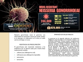 Neisseria gonorrhoeae causa la gonorrea, una
enfermedad de transmisión sexual que puede resultar
en la descarga y la inflamación en la uretra, el cuello
uterino, la faringe o el recto.
RESISTENCIA DE PREOCUPACIÓN
N. gonorrhoeae está mostrando resistencia a los
antibióticos por lo general usado para tratarla. Estas
medicamentos incluyen:
 cefixima (una cefalosporina oral)
 ceftriaxona (una cefalosporina inyectable)
 azitromicina
 tetraciclina
AMENAZA DE SALUD PÚBLICA
La gonorrea es la segunda infección de notificación
obligatoria más frecuente en los Estados Unidos y se
transmite fácilmente. Provoca graves complicaciones
reproductivas y desproporcionadamente afecta a las
minorías sexuales, raciales y étnicos. Control de la
gonorrea se basa en la identificación y el tratamiento
de las personas infectadas y sus parejas sexuales
pronta. Debido a que algunos medicamentos son
menos eficaces en el tratamiento de la gonorrea, la
CDC ha actualizado recientemente sus directrices de
tratamiento para retrasar la aparición de resistencia a
los medicamentos. CDC ahora recomienda
únicamente ceftriaxona más azitromicina o doxiciclina
como tratamiento de primera línea para la gonorrea.
 
