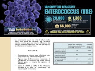 Los enterococos causan una serie de enfermedades,
sobre todo entre los pacientes que recibieron
atención médica, pero se incluyen infecciones del
torrente sanguíneo, infecciones del sitio quirúrgico, y
las infecciones del tracto urinario.
RESISTENCIA
 Enterococcus a menudo causa infecciones entre
los pacientes muy enfermos en hospitales.
 Algunas cepas de Enterococcus resistentes a la
vancomicina, un antibiótico de último recurso,
dejando pocas o ninguna las opciones de
tratamiento.
 Cerca de 20.000 (o 30%) de las infecciones
asociadas a la salud de Enterococcus son
resistentes a la vancomicina.
 