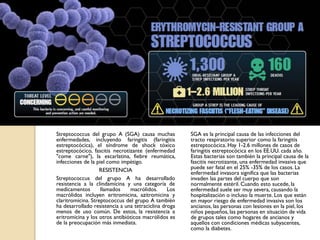 Streptococcus del grupo A (SGA) causa muchas
enfermedades, incluyendo faringitis (faringitis
estreptocócica), el síndrome de shock tóxico
estreptocócico, fascitis necrotizante (enfermedad
"come carne"), la escarlatina, fiebre reumática,
infecciones de la piel como impétigo.
RESISTENCIA
Streptococcus del grupo A ha desarrollado
resistencia a la clindamicina y una categoría de
medicamentos llamados macrólidos. Los
macrólidos incluyen eritromicina, azitromicina y
claritromicina. Streptococcus del grupo A también
ha desarrollado resistencia a una tetraciclina droga
menos de uso común. De estos, la resistencia a
eritromicina y los otros antibióticos macrólidos es
de la preocupación más inmediata.
SGA es la principal causa de las infecciones del
tracto respiratorio superior como la faringitis
estreptocócica. Hay 1-2.6 millones de casos de
faringitis estreptocócica en los EE.UU. cada año.
Estas bacterias son también la principal causa de la
fascitis necrotizante, una enfermedad invasiva que
puede ser fatal en el 25% -35% de los casos. La
enfermedad invasora significa que las bacterias
invaden las partes del cuerpo que son
normalmente estéril. Cuando esto sucede, la
enfermedad suele ser muy severa, causando la
hospitalización o incluso la muerte. Los que están
en mayor riesgo de enfermedad invasiva son los
ancianos, las personas con lesiones en la piel, los
niños pequeños, las personas en situación de vida
de grupos tales como hogares de ancianos y
aquellos con condiciones médicas subyacentes,
como la diabetes.
 