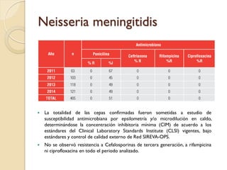 Neisseria meningitidis
 La totalidad de las cepas confirmadas fueron sometidas a estudio de
susceptibilidad antimicrobiana por epsilometría y/o microdilución en caldo,
determinándose la concentración inhibitoria mínima (CIM) de acuerdo a los
estándares del Clinical Laboratory Standards Institute (CLSI) vigentes, bajo
estándares y control de calidad externo de Red SIREVA-OPS.
 No se observó resistencia a Cefalosporinas de tercera generación, a rifampicina
ni ciprofloxacina en todo el periodo analizado.
 