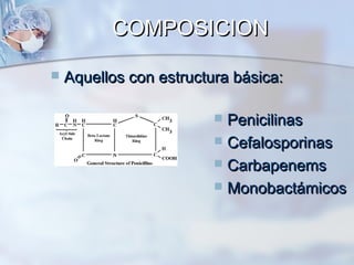 COMPOSICION

   Aquellos con estructura básica:

                          Penicilinas
                          Cefalosporinas
                          Carbapenems
                          Monobactámicos
 
