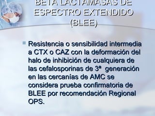 BETA LACTAMASAS DE
     ESPECTRO EXTENDIDO
            (BLEE)

   Resistencia o sensibilidad intermedia
    a CTX o CAZ con la deformación del
    halo de inhibición de cualquiera de
    las cefalosporinas de 3ª generación
    en las cercanías de AMC se
    considera prueba confirmatoria de
    BLEE por recomendación Regional
    OPS.
 