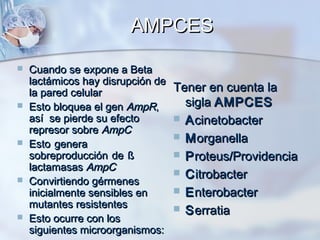 AMPCES

   Cuando se expone a Beta
    lactámicos hay disrupción de
    la pared celular               Tener en cuenta la
   Esto bloquea el gen AmpR,        sigla AMPCES
    así se pierde su efecto         A cinetobacter
    represor sobre AmpC
                                    M organella
   Esto genera
    sobreproducción de ß            P roteus/Providencia
    lactamasas AmpC
                                    C itrobacter
   Convirtiendo gérmenes
    inicialmente sensibles en       E nterobacter
    mutantes resistentes            S erratia
   Esto ocurre con los
    siguientes microorganismos:
 