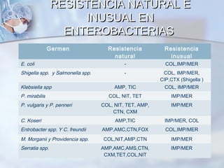 RESISTENCIA NATURAL E
                     INUSUAL EN
                  ENTEROBACTERIAS
               Germen               Resistencia           Resistencia
                                      natural               inusual
E. coli                                    -              COL,IMP/MER
Shigella spp. y Salmonella spp.            -             COL, IMP/MER,
                                                        CIP,CTX (Shigella )
Klebsiella spp                         AMP, TIC           COL, IMP/MER
P. mirabilis                        COL, NIT, TET           IMP/MER
P. vulgaris y P. penneri          COL, NIT, TET, AMP,       IMP/MER
                                      CTN, CXM
C. Koseri                              AMP,TIC            IMP/MER, COL
Entrobacter spp. Y C. freundii    AMP,AMC,CTN,FOX         COL,IMP/MER
M. Morganii y Providencia spp.    COL,NIT,AMP,CTN           IMP/MER
Serratia spp.                     AMP,AMC,AMS,CTN,          IMP/MER
                                   CXM,TET,COL,NIT
 