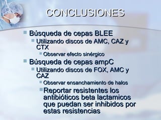 CONCLUSIONES
   Búsqueda de cepas BLEE
       Utilizando discos de AMC, CAZ y
        CTX
          Observar   efecto sinérgico
   Búsqueda de cepas ampC
       Utilizando discos de FOX, AMC y
        CAZ
          Observar   ensanchamiento de halos
         Reportar resistentes los
          antibióticos beta lactamicos
          que puedan ser inhibidos por
          estas resistencias
 