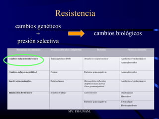 Resistencia
cambios genéticos
        +                           cambios biológicos
 presión selectiva




                     MV. FM-UNAM.
 