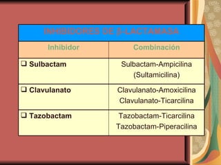 INHIBIDORES DE   -LACTAMASA Inhibidor Combinación Sulbactam Sulbactam-Ampicilina (Sultamicilina) Clavulanato Clavulanato-Amoxicilina Clavulanato-Ticarcilina Tazobactam Tazobactam-Ticarcilina Tazobactam-Piperacilina 