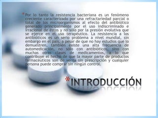 * Por

lo tanto la resistencia bacteriana es un fenómeno
creciente caracterizado por una refractariedad parcial o
total de los microorganismos al efecto del antibiótico
generado principalmente por el uso indiscriminado e
irracional de éstos y no sólo por la presión evolutiva que
se ejerce en el uso terapéutico. La resistencia a los
antibióticos es un serio problema a nivel mundial, sin
embargo en el país, a pesar de que no hay estudios que lo
demuestren, también existe una alta frecuencia de
automedicación, no sólo con antibióticos, sino con
muchas otras clases de medicamentos, a lo que
contribuye el hecho de que la mayor parte de productos
farmacéuticos son de venta sin prescripción y cualquier
persona puede comprar sin ningún control.

*

 