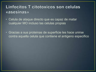 • Celula de ataque directo que es capaz de matar
cualquier MO incluso las celulas propias
• Gracias a sus proteinas de superficie les hace unirse
contra aquella celula que contiene el antigeno especifico

 