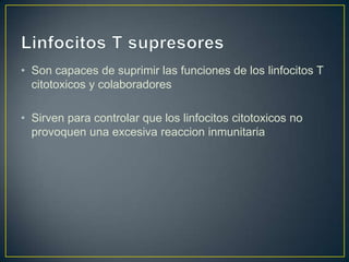 • Son capaces de suprimir las funciones de los linfocitos T
citotoxicos y colaboradores
• Sirven para controlar que los linfocitos citotoxicos no
provoquen una excesiva reaccion inmunitaria

 