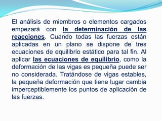 El análisis de miembros o elementos cargados empezará con la determinación de las reacciones. Cuando todas las fuerzas están aplicadas en un plano se dispone de tres ecuaciones de equilibrio estático para tal fin. Al aplicar las ecuaciones de equilibrio, como la deformación de las vigas es pequeña puede ser no considerada. Tratándose de vigas estables, la pequeña deformación que tiene lugar cambia imperceptiblemente los puntos de aplicación de las fuerzas.