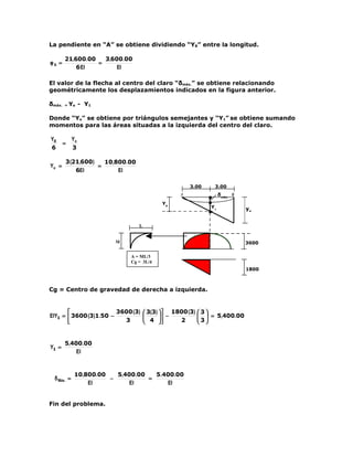La pendiente en “A” se obtiene dividiendo “YB” entre la longitud.

        21,600.00   3,600.00
φA =              =
            6 EI        EI

El valor de la flecha al centro del claro “δmáx.” se obtiene relacionando
geométricamente los desplazamientos indicados en la figura anterior.

δmáx.   =   Yo - Y1

Donde “Yo” se obtiene por triángulos semejantes y “Y1” se obtiene sumando
momentos para las áreas situadas a la izquierda del centro del claro.

YB           Yo
        =
6            3

        3 (21,600)   10,800.00
Yo =               =
            6EI          EI

                                                   3.00

                                                          .   3.00




                                                          .
                                               A               δmáx. B
                                          Y0
                                                          Y1             yB


                                 L


                         M                                               3600

                              A = ML/3
                              Cg = 3L/4
                                                                         1800



Cg = Centro de gravedad de derecha a izquierda.


                       3600 (3)  3(3)   1800 (3)  3 
EIY1 =  3600 (3)1.50 −                 −           = 5,400.00
                         3       4        2      3


        5,400.00
Y1 =
            EI


              10,800.00   5,400.00   5.400.00
  δ Máx. =              −          =
                  EI          EI        EI


Fin del problema.
 