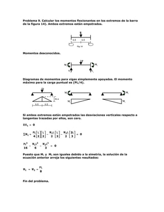 Problema 9. Calcular los momentos flexionantes en los extremos de la barra
de la figura 14). Ambos extremos están empotrados.


                                                            P

                                                   L/2          L/2
                                              1                       2
                                                         Fig. 14


Momentos desconocidos.

                                                                P
                                         M1                                    M2

                                              V1                          V2


Diagramas de momentos para vigas simplemente apoyadas. El momento
máximo para la carga puntual es (PL/4).

                        P
                                         M1                                              M2

                                  PL/4
                                              M1                                    M2
             L/2            L/2




Si ambos extremos están empotrados las desviaciones verticales respecto a
tangentes trazadas por ellos, son cero.

EI δ 1 = 0

         PL  L   L  M1L  L  M 2 L  2L 
∑ M1 =                 −         −             = 0
         4 2  2 
                     2 3
                                 2 3 

PL3  M L2  M L2
    − 1   − 2   = 0
16    6     3

Puesto que M1 y M2 son iguales debido a la simetría, la solución de la
ecuación anterior arroja los siguientes resultados:


                   PL
M1 = M 2 =
                   8


Fin del problema.
 
