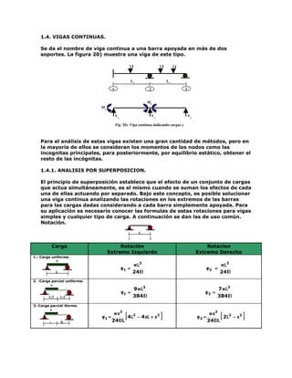 1.4. VIGAS CONTINUAS.

    Se da el nombre de viga continua a una barra apoyada en más de dos
    soportes. La figura 20) muestra una viga de este tipo.

                                                        P                   P        P


                                                        L1                      L2

                                     1                            2                      3


                                                                  M2
                              M1

                                         V1                            V2                    V3

                                         Fig. 20). Viga continua indicando cargas y

                                                    reacciones desconocidas.

    Para el análisis de estas vigas existen una gran cantidad de métodos, pero en
    la mayoría de ellos se consideran los momentos de los nodos como las
    incognitas principales, para posteriormente, por equilibrio estático, obtener el
    resto de las incógnitas.

    1.4.1. ANALISIS POR SUPERPOSICION.

    El principio de superposición establece que el efecto de un conjunto de cargas
    que actua simultáneamente, es el mismo cuando se suman los efectos de cada
    una de ellas actuando por separado. Bajo este concepto, es posible solucionar
    una viga continua analizando las rotaciones en los extremos de las barras
    para las cargas dadas considerando a cada barra simplemente apoyada. Para
    su aplicación es necesario conocer las formulas de estas rotaciones para vigas
    simples y cualquier tipo de carga. A continuación se dan las de uso común.
    Notación.

                                                             L
                                                    1              2

         Carga                          Rotación                                                      Rotacion
                                   Extremo Izquierdo                                              Extremo Derecho
1.- Carga uniforme.
              w
                                                        w L3                                                    w L3
                                              φ1 =                                                       φ2 =
              L                                         24 EI                                                   24 EI
2. -Carga parcial uniforme.
         w
                                                         9 w L3                                               7 w L3
                                              φ1 =                                                   φ2 =
        L/2       L/2                                    384 EI                                               384 EI
3.-Carga parcial iforme.
         w
                              φ1 =
                                      w a2
                                     24 EIL
                                                [
                                            4 L2 − 4 aL + a 2               ]                     φ2 =
                                                                                                          w a2
                                                                                                         24 EIL
                                                                                                                [
                                                                                                                2 L2 − a 2   ]
         a        b
 