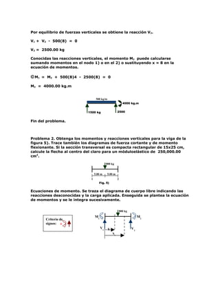 Por equilibrio de fuerzas verticales se obtiene la reacción V2.

V1 + V2 - 500(8) = 0

V2 = 2500.00 kg

Conocidas las reacciones verticales, el momento M2 puede calcularse
sumando momentos en el nodo 1) o en el 2) o sustituyendo x = 8 en la
ecuación de momentos.

© M1   = M2 + 500(8)4 - 2500(8) = 0

M2 = 4000.00 kg.m


                                    500 kg/m
                                                              4000 kg.m


                             1500 kg                    2500


Fin del problema.



Problema 2. Obtenga los momentos y reacciones verticales para la viga de la
figura 5). Trace también los diagramas de fuerza cortante y de momento
flexionante. Si la sección transversal es compacta rectangular de 15x25 cm,
calcule la flecha al centro del claro para un móduloelástico de 250,000.00
cm4.

                                             800 kg


                                   5.00 m      5.00 m
                               1                        2
                                      Fig. 5)

Ecuaciones de momento. Se traza el diagrama de cuerpo libre indicando las
reacciones desconocidas y la carga aplicada. Enseguida se plantea la ecuación
de momentos y se le integra sucesivamente.


                                                            800 kg
                                   M1                                     M2
        Criterio de
        signos: +
                                        V1     x                     V2
                                                   X1
 