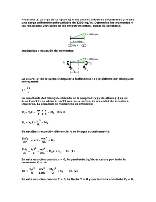 Problema 3. La viga de la figura 6) tiene ambos extremos empotrados y recibe
una carga uniformemente variable de 1200 kg/m. Determine los momentos y
las reacciones verticales en los empotramientos. Tomar EI constante.


                                                               W = 1200 kg/m


                                                  L = 6.00 m
                                               A Fig. 6        B

Incógnitas y ecuación de momentos.


                                                               W = 1200 kg/m
                                                           y
                                      MA                                MB

                                                VA                 VB
                                                    x

La altura (y) de la carga triangular a la distancia (x) se obtiene por triangulos
semejantes.

     wx
y=
     L

La resultante del triangulo ubicado en la longitud (x) y de altura (y) es su
área (yx/2) y se ubica a (x/3) que es su centro de gravedad de derecha a
izquierda. La ecuación de momentos es entonces:

               wx x x
M x = VA X −          − MA        0 ≤ x≤L
               L 2 3

               w x3
M x = VA X −        − MA
               6L

Se escribe la ecuación diferencial y se integra sucesivamente.

EI d2 y               wx 3
           = VA X −        − MA
 dx2                  6L

EI dy   VA x2 wx 4
      =      −     − MA x + C1              Ec. (1 )
 dx      2     24L

En esta ecuación cuando x = 0, la pendiente dy/dx es cero y por tanto la
constante C1 = 0.

          VA x3   wx5   M x2
EIY =           −      − A   + C2              Ec. ( 2 )
           6      120L   2

En esta ecuación cuando X = 0, la flecha Y = 0 y por tanto la constante C2 = 0.
 