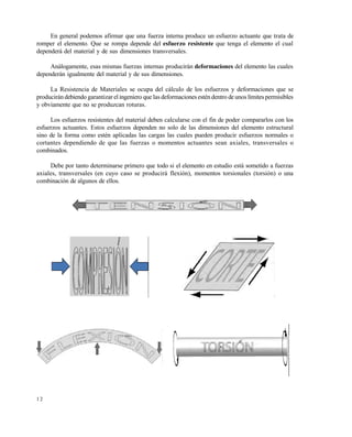 Este documento se cre€ con la versi€n gratuita de EVALUACI•N de eXpert PDF. Esta marca de agua se eliminar‚ al
comprar la licencia de la versi€n completa de eXpert PDF. Visite www.avanquest.es para obtener m‚s informaci€n

En general podemos afirmar que una fuerza interna produce un esfuerzo actuante que trata de
romper el elemento. Que se rompa depende del esfuerzo resistente que tenga el elemento el cual
dependerá del material y de sus dimensiones transversales.
Análogamente, esas mismas fuerzas internas producirán deformaciones del elemento las cuales
dependerán igualmente del material y de sus dimensiones.
La Resistencia de Materiales se ocupa del cálculo de los esfuerzos y deformaciones que se
producirán debiendo garantizar el ingeniero que las deformaciones estén dentro de unos límites permisibles
y obviamente que no se produzcan roturas.
Los esfuerzos resistentes del material deben calcularse con el fin de poder compararlos con los
esfuerzos actuantes. Estos esfuerzos dependen no solo de las dimensiones del elemento estructural
sino de la forma como estén aplicadas las cargas las cuales pueden producir esfuerzos normales o
cortantes dependiendo de que las fuerzas o momentos actuantes sean axiales, transversales o
combinados.
Debe por tanto determinarse primero que todo si el elemento en estudio está sometido a fuerzas
axiales, transversales (en cuyo caso se producirá flexión), momentos torsionales (torsión) o una
combinación de algunos de ellos.

12

 