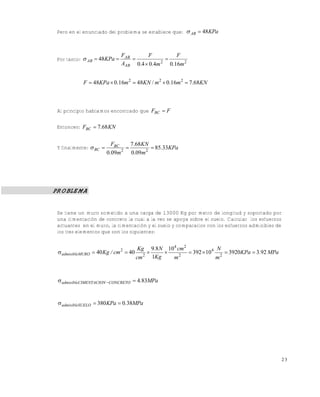 Este documento se cre€ con la versi€n gratuita de EVALUACI•N de eXpert PDF. Esta marca de agua se eliminar‚ al
comprar la licencia de la versi€n completa de eXpert PDF. Visite www.avanquest.es para obtener m‚s informaci€n

Pero en el enunciado del problema se establece que:  AB  48KPa

Por tanto:  AB  48KPa 

FAB
F
F


2
AAB 0.4  0.4m
0.16m 2

F  48KPa  0.16m 2  48KN / m 2  0.16m 2  7.68KN

Al principio habíamos encontrado que FBC  F
Entonces: FBC  7.68 KN

Y finalmente:  BC 

FBC
0.09m

2



7.68KN
 85.33KPa
0.09m 2

PROBLEMA

Se tiene un muro sometido a una carga de 13000 Kg por metro de longitud y soportado por
una cimentación de concreto la cual a la vez se apoya sobre el suelo. Calcular los esfuerzos
actuantes en el muro, la cimentación y el suelo y compararlos con los esfuerzos admisibles de
los tres elementos que son los siguientes:

 admisibleMURO  40 Kg / cm 2  40

Kg
cm 2



9.8 N 104 cm 2
N

 392  10 4 2  3920KPa  3.92 MPa
2
1Kg
m
m

 admisibleCIMENTACION CONCRETO  4.83MPa

 admisibleSUELO  380 KPa  0.38MPa

23

 