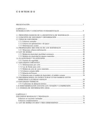Este documento se cre€ con la versi€n gratuita de EVALUACI•N de eXpert PDF. Esta marca de agua se eliminar‚ al
comprar la licencia de la versi€n completa de eXpert PDF. Visite www.avanquest.es para obtener m‚s informaci€n

C O N TE N ID O

PRESENTACIÓN .................................................................................................................. 7
CAPÍTULO 1
INTRODUCCIÓN Y CONCEPTOS FUNDAMENTALES .................................................. 9
1.1 PRINCIPIOS BÁSICOS DE LA RESISTENCIA DE MATERIALES ............................. 15
1.2 CONCEPTO DE ESFUERZO Y DEFORMACIÓN ........................................................ 17
1.3 TIPOS DE ESFUERZOS ................................................................................................. 18
1.3.1 Esfuerzos normales ................................................................................................... 18
1.3.2 Esfuerzo de aplastamiento o de apoyo ....................................................................... 31
1.3.3 Deformaciones axiales .............................................................................................. 32
1.4 PROPIEDADES MECÁNICAS DE LOS MATERIALES .............................................. 32
1.4.1 Relaciones esfuerzo-deformación .............................................................................. 38
1.5 LEY DE HOOKE ............................................................................................................. 39
1.5.1 Módulo de elasticidad, ductilidad, resistencia .............................................................. 40
1.5.2 Módulos de elasticidad de algunos materiales............................................................. 41
1.6 ELASTICIDAD Y PLASTICIDAD ................................................................................. 44
1.6.1 Factores de seguridad ................................................................................................ 45
1.7 ESFUERZOS CORTANTES ............................................................................................ 46
1.7.1 Deformaciones por corte ........................................................................................... 48
1.7.2 Ley de Hooke para corte ........................................................................................... 48
1.7.3 Módulo de corte de varios materiales......................................................................... 49
1.7.4 Esfuerzo cortante doble ............................................................................................. 49
1.7.5 Relación de Poisson................................................................................................... 51
1.7.6 Relación entre el módulo de elasticidad y el módulo cortante ..................................... 54
1.8 DEFORMACIONES EN ESTRUCTURAS CUYAS BARRAS ESTÁN
SOMETIDAS A FUERZAS AXIALES ............................................................................. 54
1.9 ESFUERZOS TÉRMICOS ............................................................................................... 57
1.9.1 Coeficientes de dilatación térmica .............................................................................. 58
1.10 INDETERMINACIÓN ESTÁTICA EN TENSIÓN Y COMPRESIÓN ......................... 59
1.11 ENERGÍA DE DEFORMACIÓN AXIAL ...................................................................... 71

CAPÍTULO 2
ESFUERZOS BIAXIALES Y TRIAXIALES ......................................................................... 75
Esfuerzos en secciones inclinadas ...................................................................................... 75
Esfuerzos complementarios: ............................................................................................... 77
2.1 LEY DE HOOKE EN DOS Y TRES DIMENSIONES .................................................... 79

 