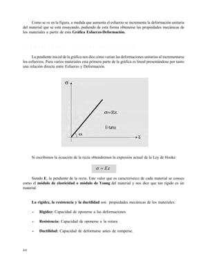 Este documento se cre€ con la versi€n gratuita de EVALUACI•N de eXpert PDF. Esta marca de agua se eliminar‚ al
comprar la licencia de la versi€n completa de eXpert PDF. Visite www.avanquest.es para obtener m‚s informaci€n

Como se ve en la figura, a medida que aumenta el esfuerzo se incrementa la deformación unitaria
del material que se está ensayando, pudiendo de esta forma obtenerse las propiedades mecánicas de
los materiales a partir de esta Gráfica Esfuerzo-Deformación.

1 .5 .1 M ó d u lo d e e la s tic id a d , d u c tilid a d , r e s is te n c ia
La pendiente inicial de la gráfica nos dice cómo varían las deformaciones unitarias al incrementarse
los esfuerzos. Para varios materiales esta primera parte de la gráfica es lineal presentándose por tanto
una relación directa entre Esfuerzo y Deformación.

Si escribimos la ecuación de la recta obtendremos la expresión actual de la Ley de Hooke:

  E
Siendo E, la pendiente de la recta. Este valor que es característico de cada material se conoce
como el módulo de elasticidad o módulo de Young del material y nos dice que tan rígido es un
material.

La rigidez, la resistencia y la ductilidad son propiedades mecánicas de los materiales:
-

Resistencia: Capacidad de oponerse a la rotura

-

40

Rigidez: Capacidad de oponerse a las deformaciones

Ductilidad: Capacidad de deformarse antes de romperse.

 