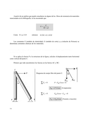Este documento se cre€ con la versi€n gratuita de EVALUACI•N de eXpert PDF. Esta marca de agua se eliminar‚ al
comprar la licencia de la versi€n completa de eXpert PDF. Visite www.avanquest.es para obtener m‚s informaci€n

1 .7 .6 R e la c ió n e n tr e e l m ó d u lo d e e la s tic id a d y e l m ó d u lo c o r ta n te
A partir de un análisis que puede consultarse en alguno de los libros de resistencia de materiales
mencionados en la bibliografía, se ha encontrado que:

G

Como 0    0.5

entonces

E
21   

0.33E  G  0.5E

Las constantes E (módulo de elasticidad), G (módulo de corte) y  (relación de Poisson) se
denominan constantes elásticas de los materiales.

1 .8 D E F O R M A C IO N E S E N
F U E R Z A S A X IA L E S

E S T R U C T U R A S C U Y A S B A R R A S E S T Á N

S O M E T ID A S A

Si se aplica la fuerza P a la estructura de la figura, calcular el desplazamiento tanto horizontal
como vertical del punto C.
Primero que todo encontremos las fuerzas en las barras AC y BC:

Diagrama de cuerpo libre del punto C:

 Fx  0

P  FBC Cos  0
FBC  P / Cos (Compresión)

 Fy  0

FBC Cos  FAC  0
FAC  FBC Cos (Tensión o tracción)

54

 